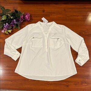 NY Collection White Long Sleeve Button Down Shirt 1X